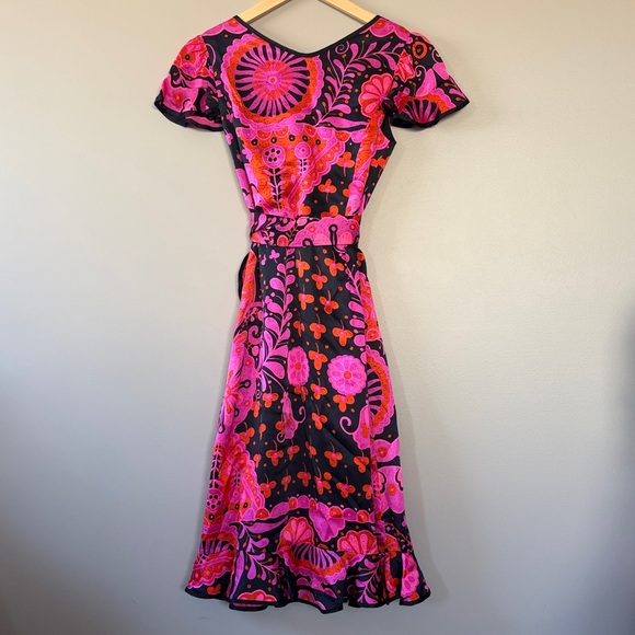 Vintage Betsey Johnson Silk Wrap Dress Size 6 Colorful Pink Black Orange Floral - Picture 6 of 8
